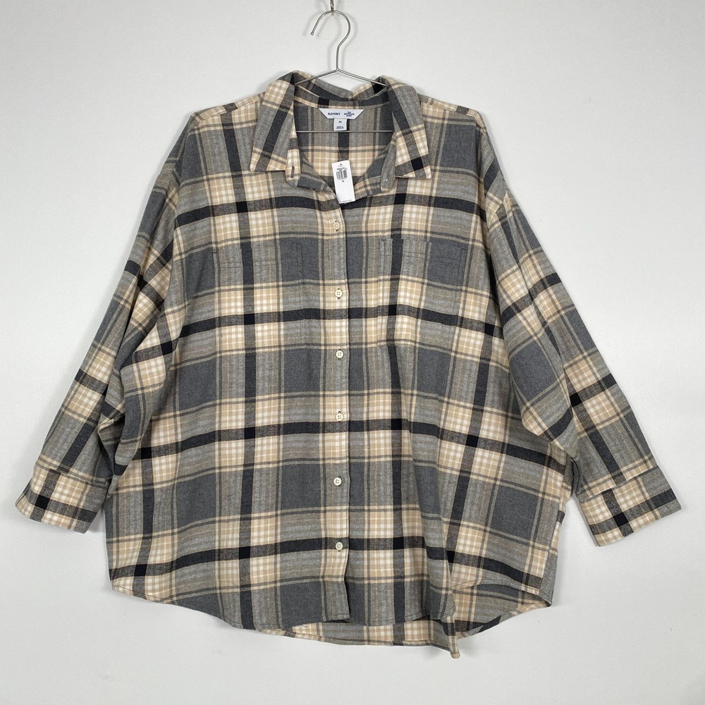 NWT Old Navy Shirt Womens 3X Gray Plaid Button Front Long Sleeve Flannel Top